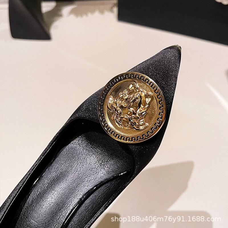 French Black High Heels Women's 2025 New Temperament Muse Fan Stiletto Pointed Sexy Single Shoes Versatile Stiletto