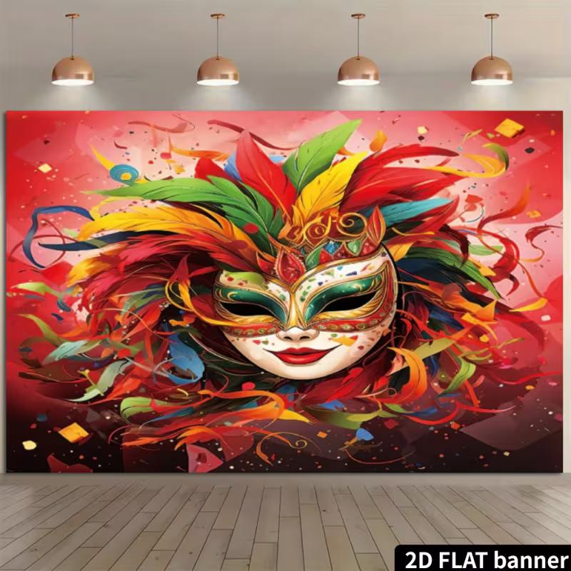 2D Carnival Mask Backdrop - Vibrant Feather Mask Banner for Mardi Gras & Costume Party Photoshoot