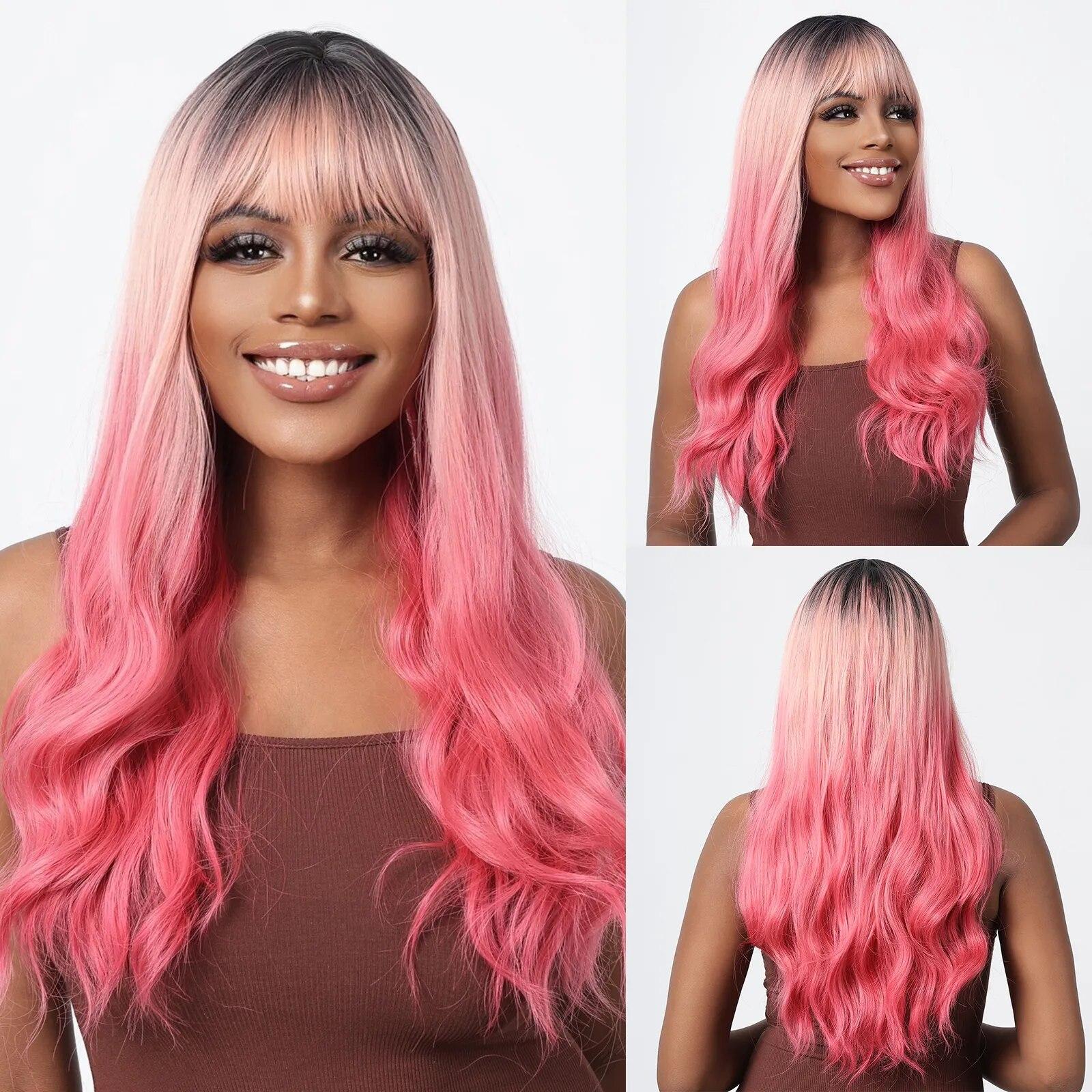 

Парики из синтетических волос от черного до розового с омбре для женщин, афро, длинные волнистые, с темным корнем, парик для косплея, вечерние парики на Хэллоуин, термостойкое волокно