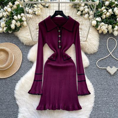 Autumn Winter Women Elegant Turn-down Collar Fare Sleeve Knitted Sweater Office Work Mini Short Pullover Dresses