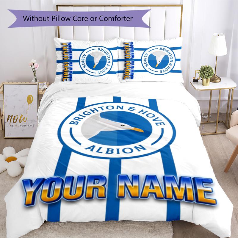 3pcs Brighton & Hove Albion F.C. Cover Set - Personalized Name, HD Printed Bedding with 1 Cover and 2 Pillowcases - Perfect for Home Decor, Easy Care