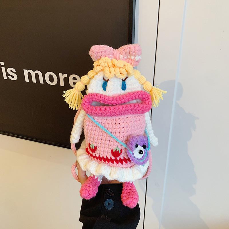 Knitted Pink Lovely Crossbody Bag For Children Featuring Cute Cartoon Motif Doll