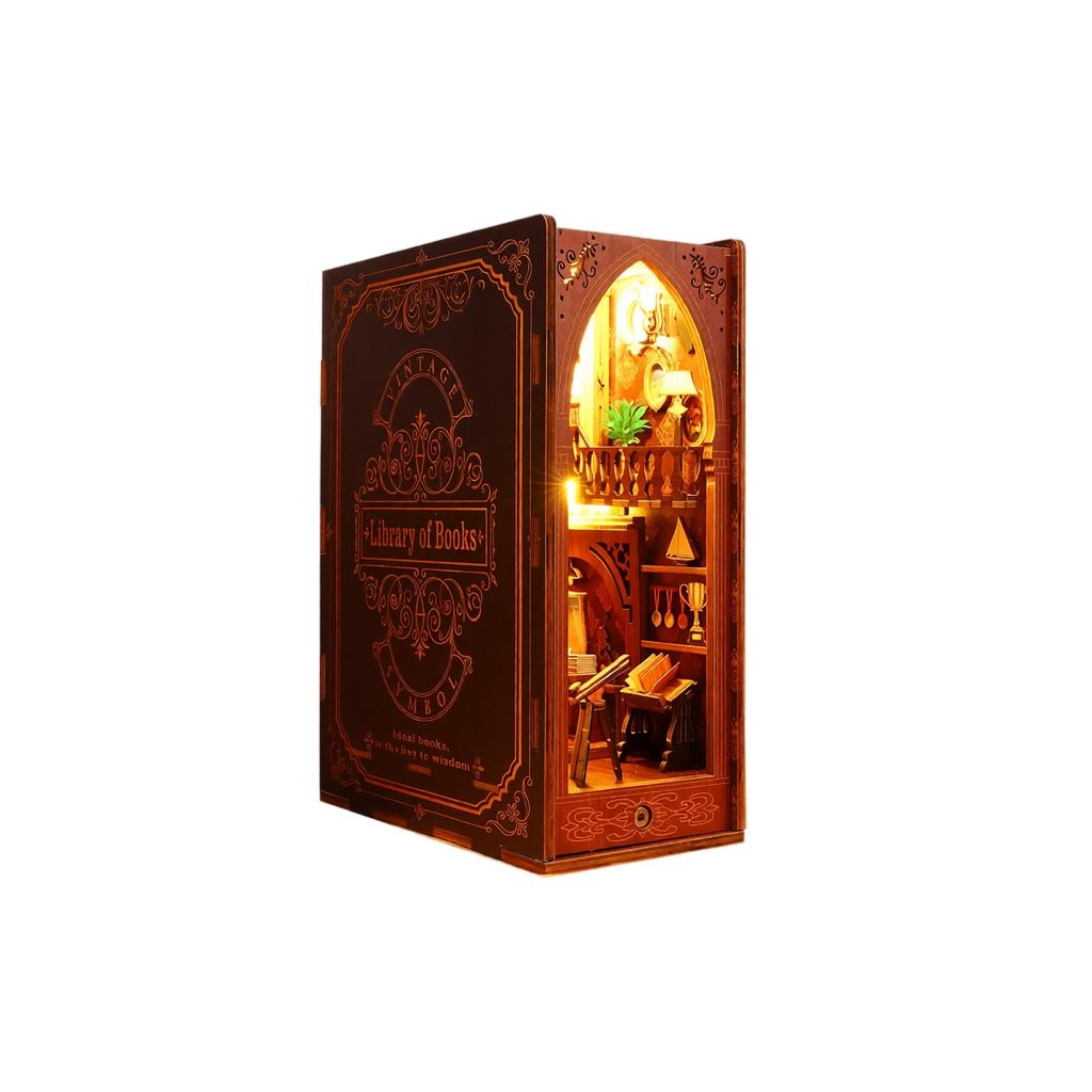 3D DIY Book Kit, Miniature Library Scene Bookshelf Insert with LED, Decorative House Model Gift
