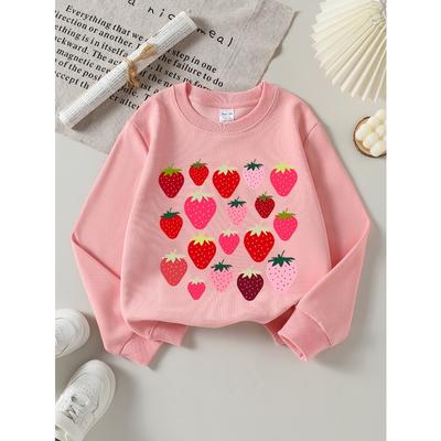 European Sizes Girls' Crew Neck Sweatshirt with Strawberry Pattern, Western Long-Sleeved Casual Top for Young Girls