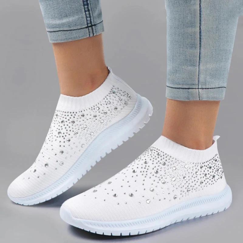 Fashion Women's Slip-On Crystal Sneakers 2025 Breathable Mesh Plus Size 35-43 Casual Flats Women Comfort Soft Sole Running Walking Shoes