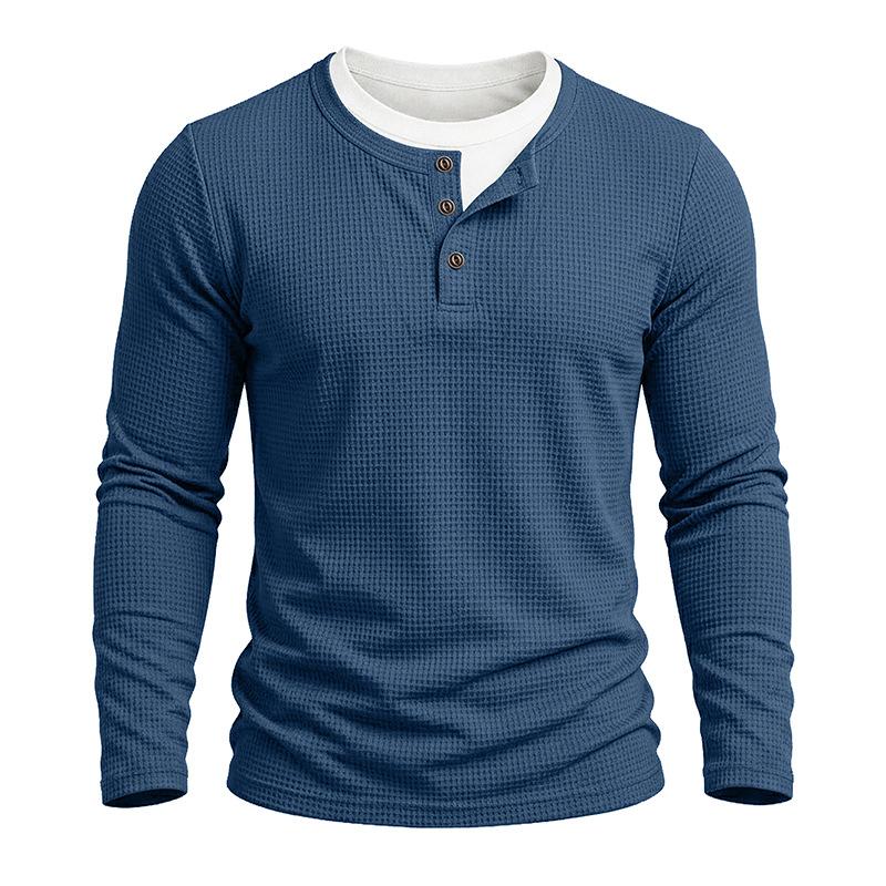 Herbst Winter Herren Fake Two-Piece Langarm Henley T-Shirt Waffel Casual Basisschicht T-Shirts Amerikanischer Stil Oberteile