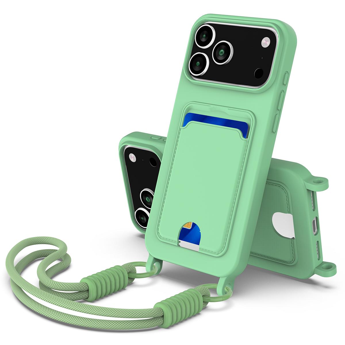 

For iPhone 17 Pro Max Case Liquid Silicone Card Holder Phone Back Cover with Wrist Strap Green