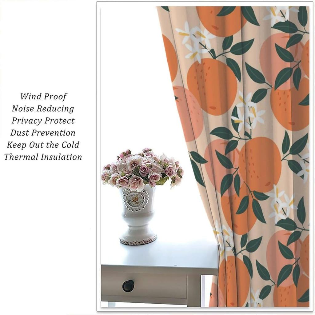 Orangenfrucht-Vorhänge, Niedliche Zitrus-Grünblätter-Blumen-Sommermuster-Vorhänge Fenster 2-teilig Stangentasche Vorhang für Schlafzimmer Wohnzimmer