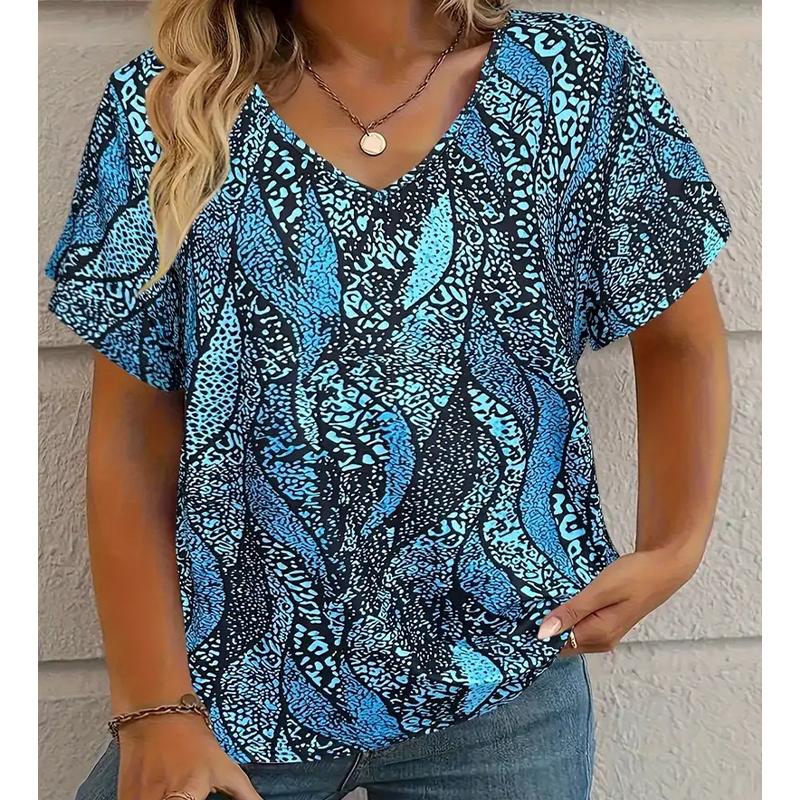 

Fashion Spring Figure Painting Blouses Short Sleeved V-Neck T Shirts Casual XS синій