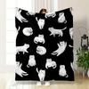 White Cartoon Cats In Various Playful Poses On a Black Background. for All Seasons Blanket Lunch Break Throw Gift