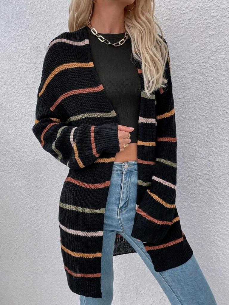 Over Size Striped Long Sleeve Cardigan Coat for Women Autumn Winter Casual Workwear