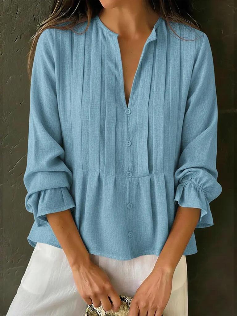 2025 Spring/Summer Women's V-neck Long Sleeve Striped Cotton-Linen Shirt