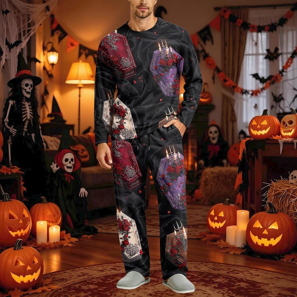 Men's Halloween Pajama Set Long Sleeve Long Pants with Crotch Buttons and Elastic Drawstring Waist