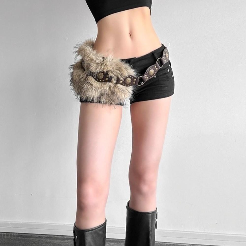 Faux Fur Waist Chain Punk Fur Waistband New PU Leather Fur Belt  Hiphop