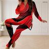 Women Plus Size Red Black Printed Half Zip Long Sleeve Longline Top And Long Pants Two Piece Set