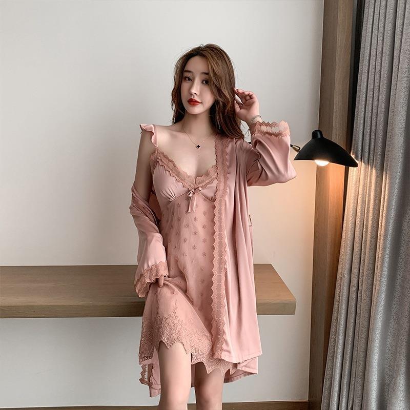 Pajamas Female Sexy Ice Silk Thin Ins Wind Summer New Lace Nightdress Two-piece Loungewear Spring and Autumn