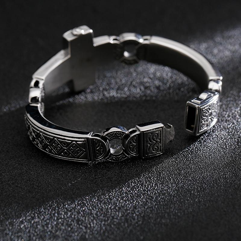 Fongten Cross Charms Bangle for Men Stainless Steel Heavy Mens Bangle Bracelets Male Retro Rune Silver Color Jewelry Armband