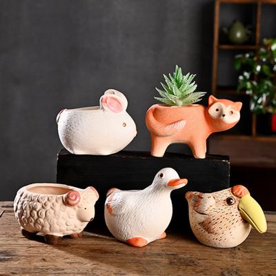 Ceramic Animal Plant Pot Cute Kitty Flowerpot with Drainage Hole Decorative Sheep Pig Planter for Succulents Home Room Office Desk Decor