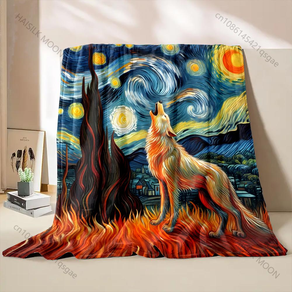 Multi size Van Gogh Starry Wolf Pattern Blanket Flannel Material Soft Warm for All Seasons, Home Outdoor Camping Picnics RV