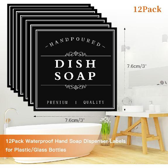 White Waterproof Soap Labels for Plastic/Glass Bottles, Bathroom/Kitchen Hand Soap Dispenser Label Stickers, Removable Cleaning Bottle Labels for