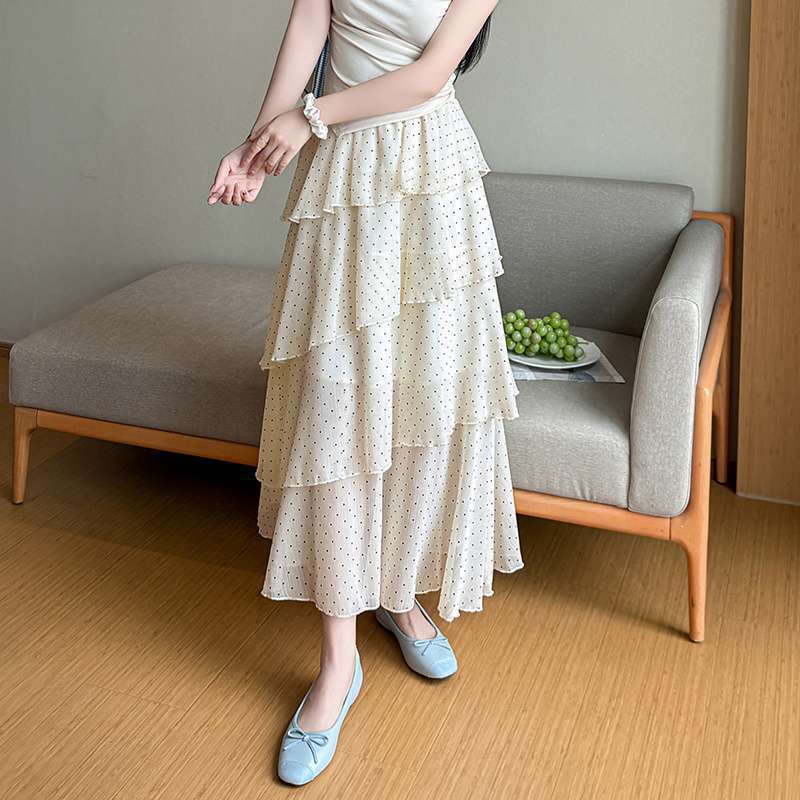 Qooth Polka Dot Ruffle Tiered Midi Skirt Asymmetric Patchwork Cake Skirt QT2878