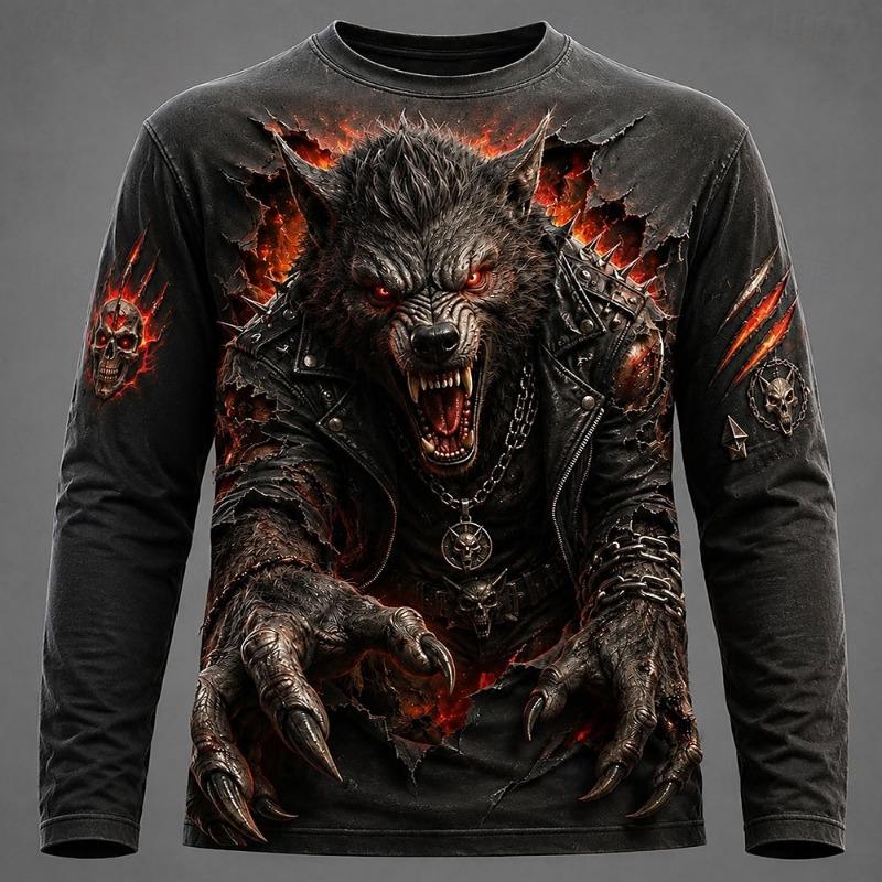 Men's Ripped Paper Werewolf 3D Print Long Sleeve T-Shirt Full Moon Claw Skull Punk Gothic Crew Neck Casual Streetwear Top