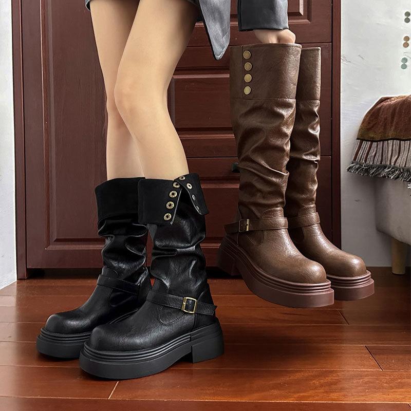 Brown Retro British Style Thick Soled Boots For Women  New Autumn And Winter Slimming Boots For Knights