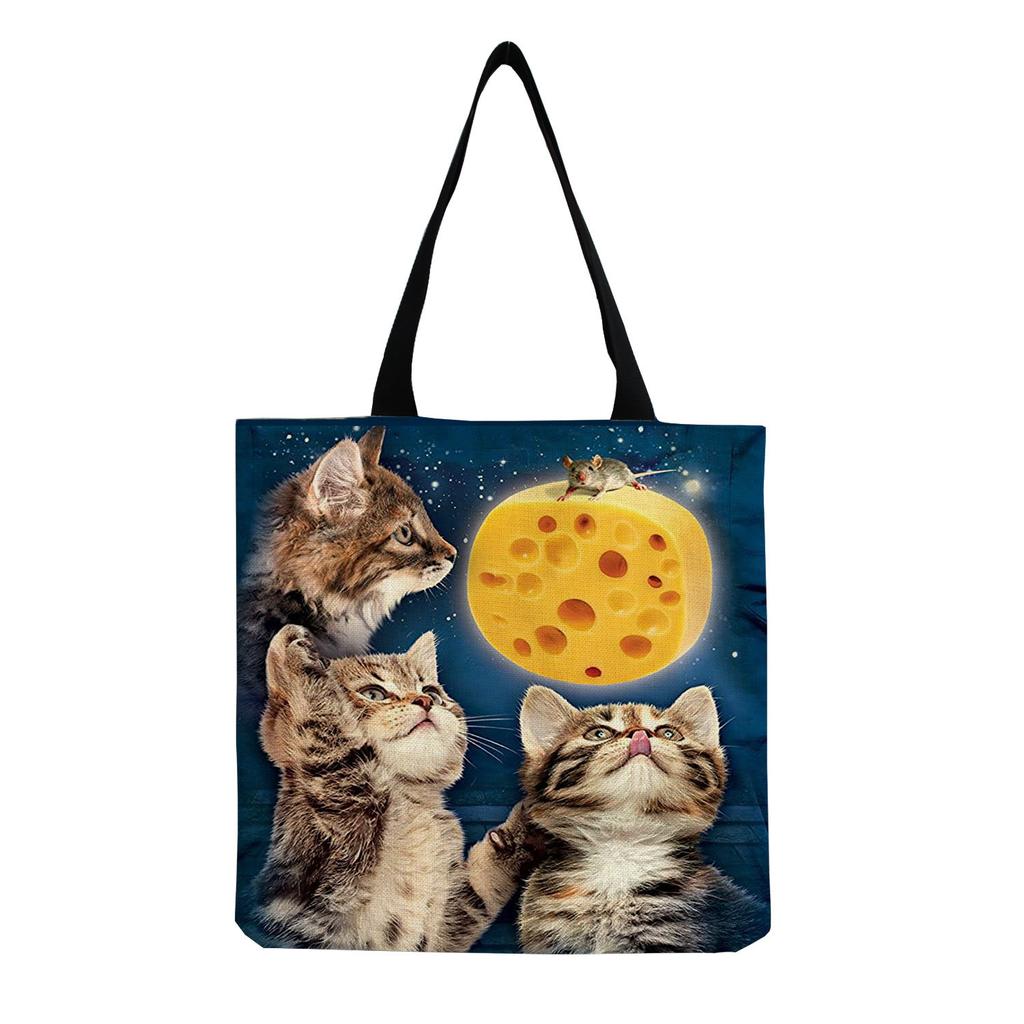 Women Vintage Linen Tote Bag - Large Capacity Cat Print Shoulder Handbag for Casual & Grocery Shopping KTB
