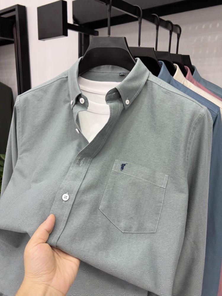 Men's High-End Embroidered Long-Sleeve Solid Color Shirt with Pockets for Spring and Autumn - Business Casual and Versatile