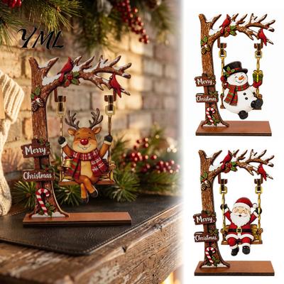 Swinging Puppet Xmas Gifts Christmas Wooden Ornaments, Santa Snowman Figurine with Moving Ornaments Swing, Rustic Holiday Tabletop Centerpiece