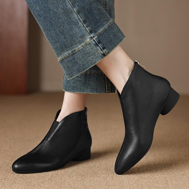 Fashion Booties Fall New Pointed Toe Paneled Rear Zipper Soft Sole Non-Slip Round Heel Single