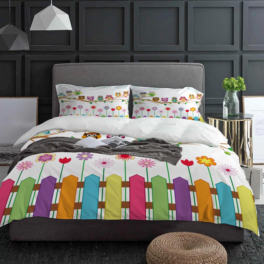 Cartoon Kid Cute Owl Flower Bedding Set 3pcs Duvet Cover Pillowcase Kids Adult Quilt Cover Double Bed Set Home Textile