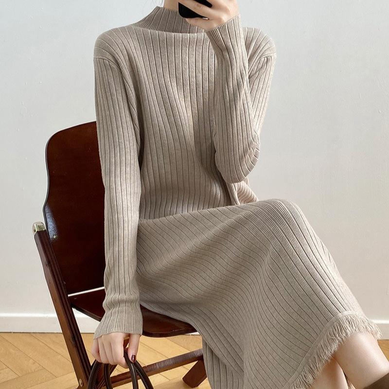 Mid-length Pullover Sweater for Women's Autumn and Winter Half Turtleneck Knee-length Knitted Dress Solid Color Casual Sweater Dress
