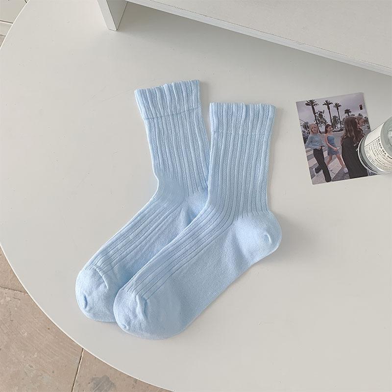 Korean Style Women Socks Summer Cotton Thin Breathable Middle Tube Socks Solid Color White Gray Pink Blue Yellow Long Socks Sox