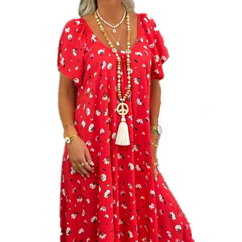 

Summer Loose Plus Size Long Printed Bohemian Dress Wind Short Sleeves XXXL червоний