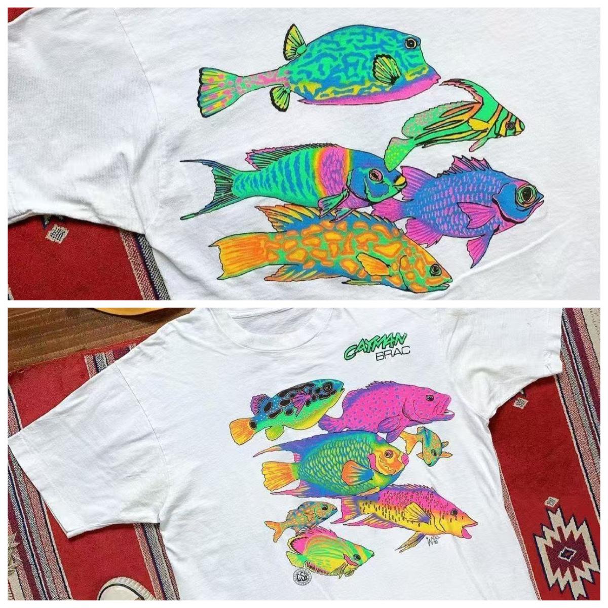 

2025 Summer and autumn graffiti colorful fish print T-shirt loose outdoor trendy motorcycle short-sleeved men s and women s top 4XL