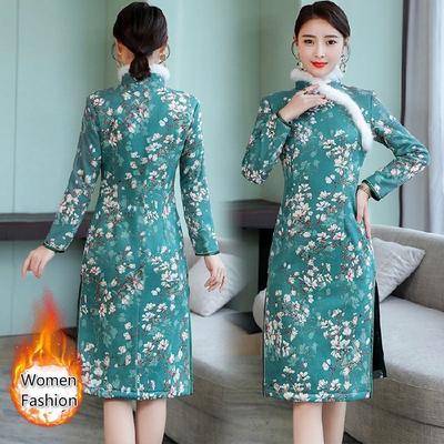 High Quality Cheongsam Vintage Chinese Dress Long Sleeve Female Dress Qipao Slim Package Hip Dress P