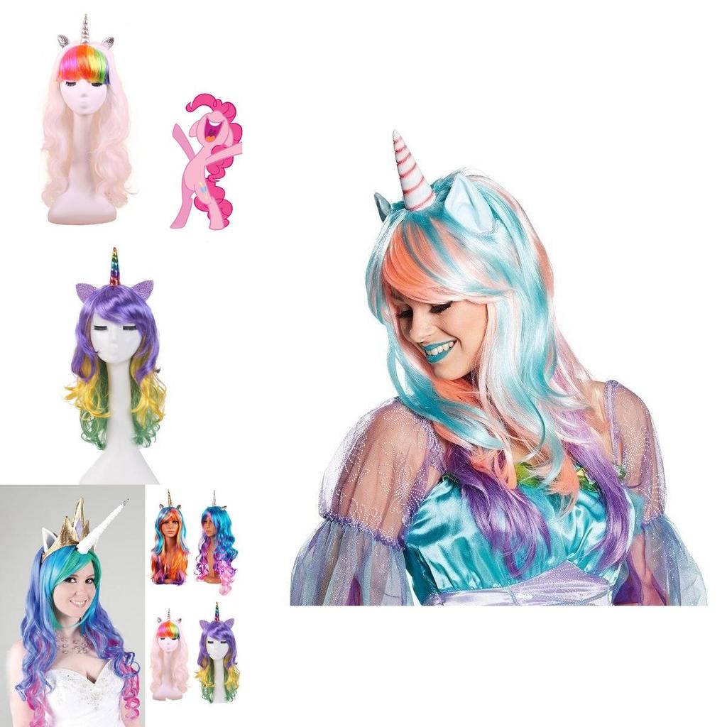 New Fashion Women Ear Unicorn Rainbow Wig Long Curly Wave Hair For Cosplay Party