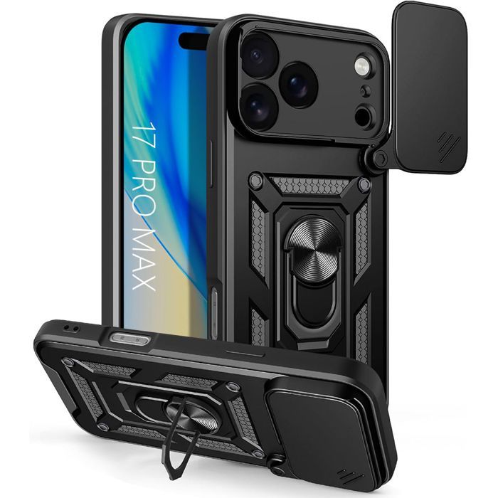 Coque de protection - Antichoc - pour iPhone 17 Pro Max - Noir - Protection caméra coulissante - Support rotatif