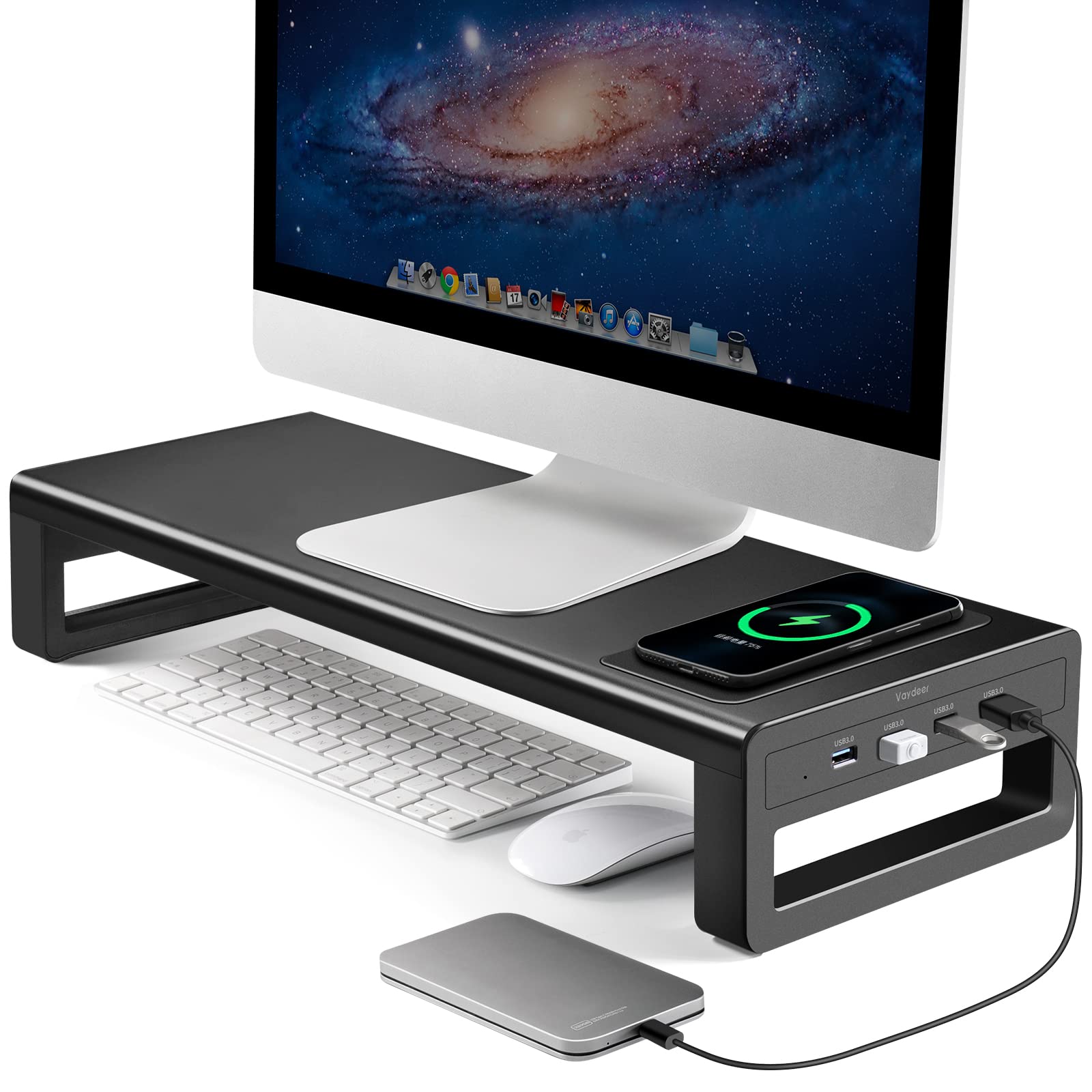 

VAYDEER Monitor USB Display Stand with Wireless Data Keyboard Printer 54cm Wide Stand, 3.0 Charging, High-Speed Transfer, Storage, Compatible, Metal, чорний