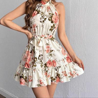 Women Summer Sleeveless Stand Collar Flower Printed A Line One Piece Dress
