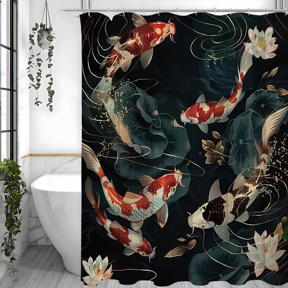 Lotus flowers and colorful carp fish Shower Curtain Washable Dirt-Resistant Shower Head waterproof Polyester Bath Curtain