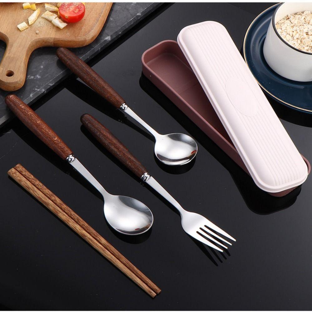 4Pcs Stainless Steel Chopsticks Fork Spoon Set Storage Case High-end Wooden Handle Cutlery Set Durable Reusable