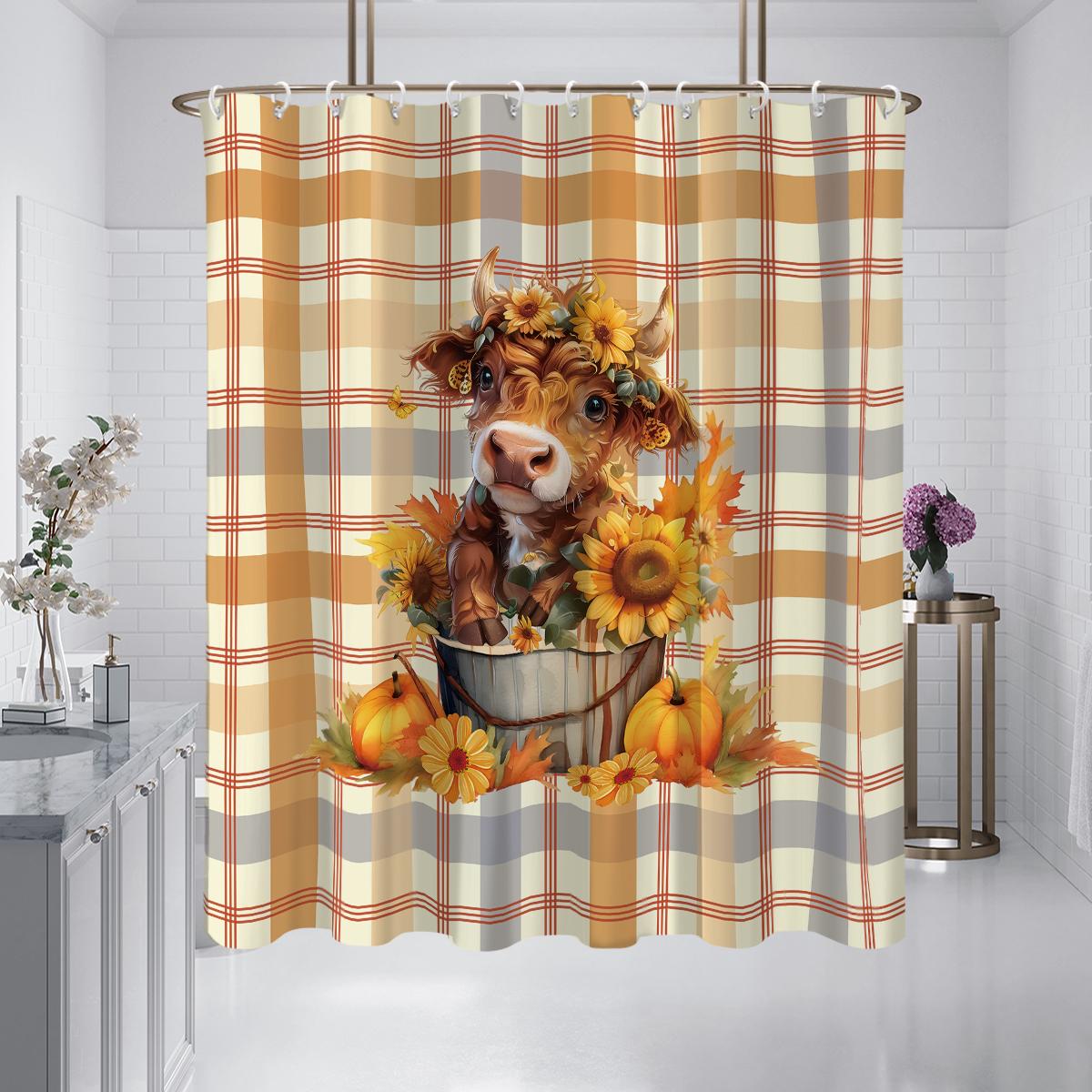 

1 шт. корова с подсолнухами, душевая занавеска в пасторальном стиле, водонепроницаемая, моющаяся, с 12 крючками, для ванной, душа, ванны, для дома 180x180cm
