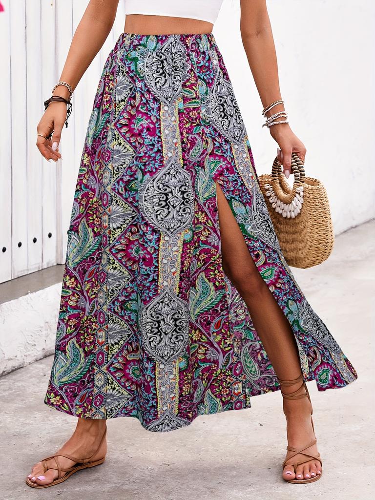 ins cross-border celebrity style personalized printing slit a-word skirt spring and summer high-end foreign trade women's clothing skirt skirt skirt