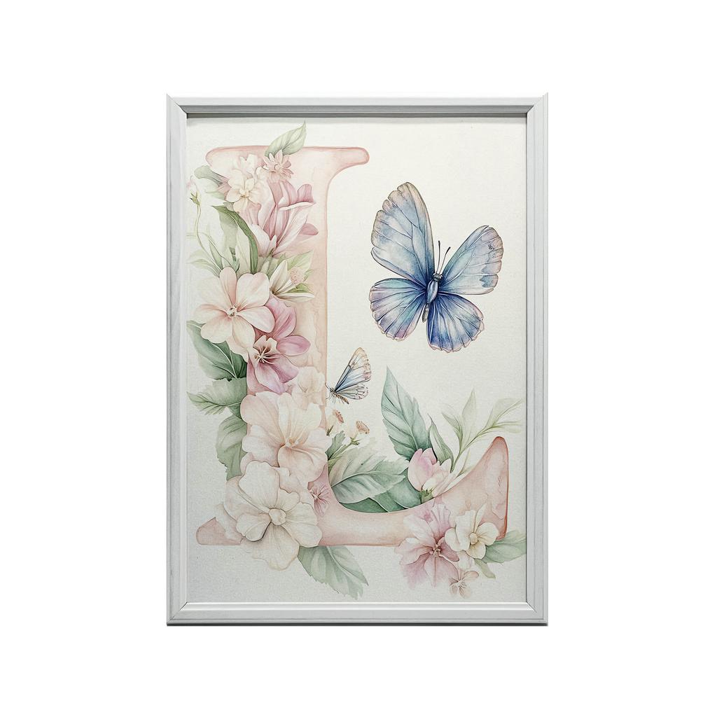 Plakat Literowy "L" Z Kwiatami I Motylem Plakat Literowy "L" Z Kwiatami I Motylem, 70X100 Cm, Rama Drewniana Jasny Dąb, Papier Matowy 230 Gsm