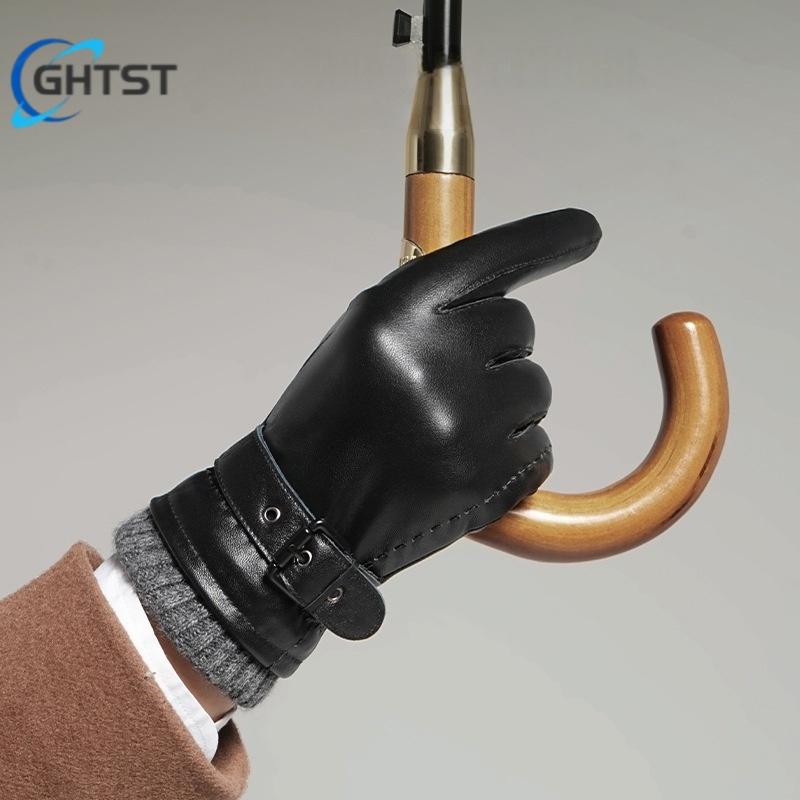 Light Luxury Men Genuine Driving  Gloves Leather Touch Screen Black Real Sheepskin Thin  Business Brown Warm Fleece Gloves
