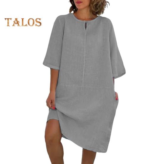 

Женское свободное платье-рубашка из хлопка и льна, повседневное платье миди с рукавом 1/2 и круглым вырезом, летний пляжный сарафан для отдыха M серый