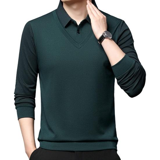 Men Fall Winter Top Fake Two-piece Pluish Lined Turn-down Collar Formal Business Style Shirt Mid-aged Men Father Office Work Clothes
