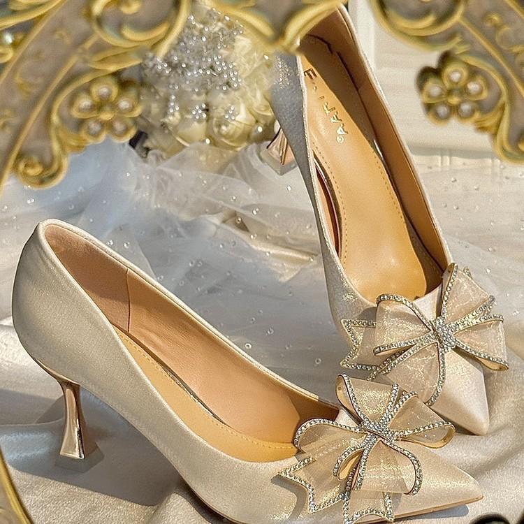 New rhinestone bow satin bag head sandals with high heels stiletto fairy style Roman shoes